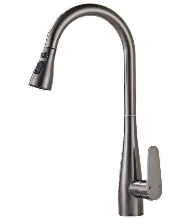 Gunmetal Grey Βρύση συρόμενης κουζίνας με ψηλό τόξο Gooseneck Ζεστής και κρύας κουζίνας